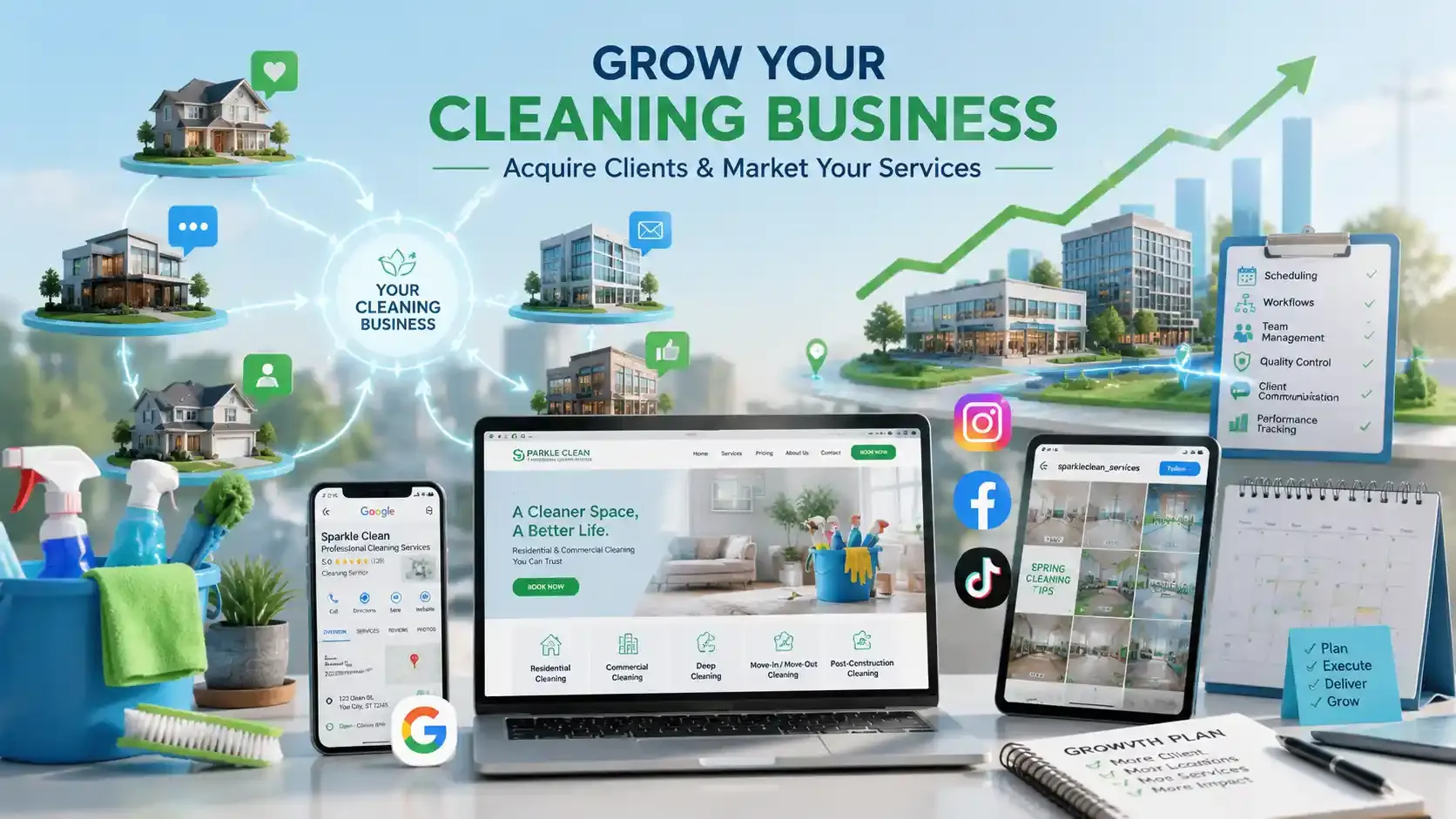 Realistic 16:9 image showing cleaning business growth, clients, and online marketing.